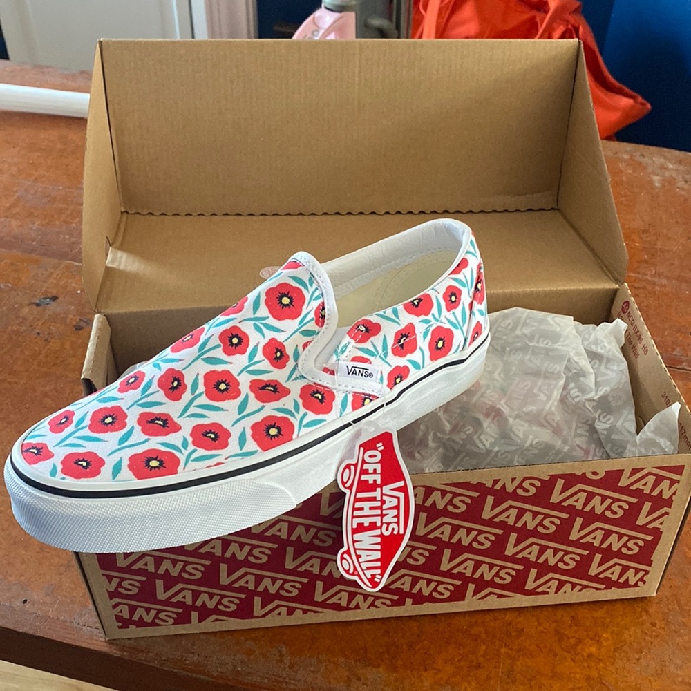 Brand new, never worn size 8 poppy Vans slip ons